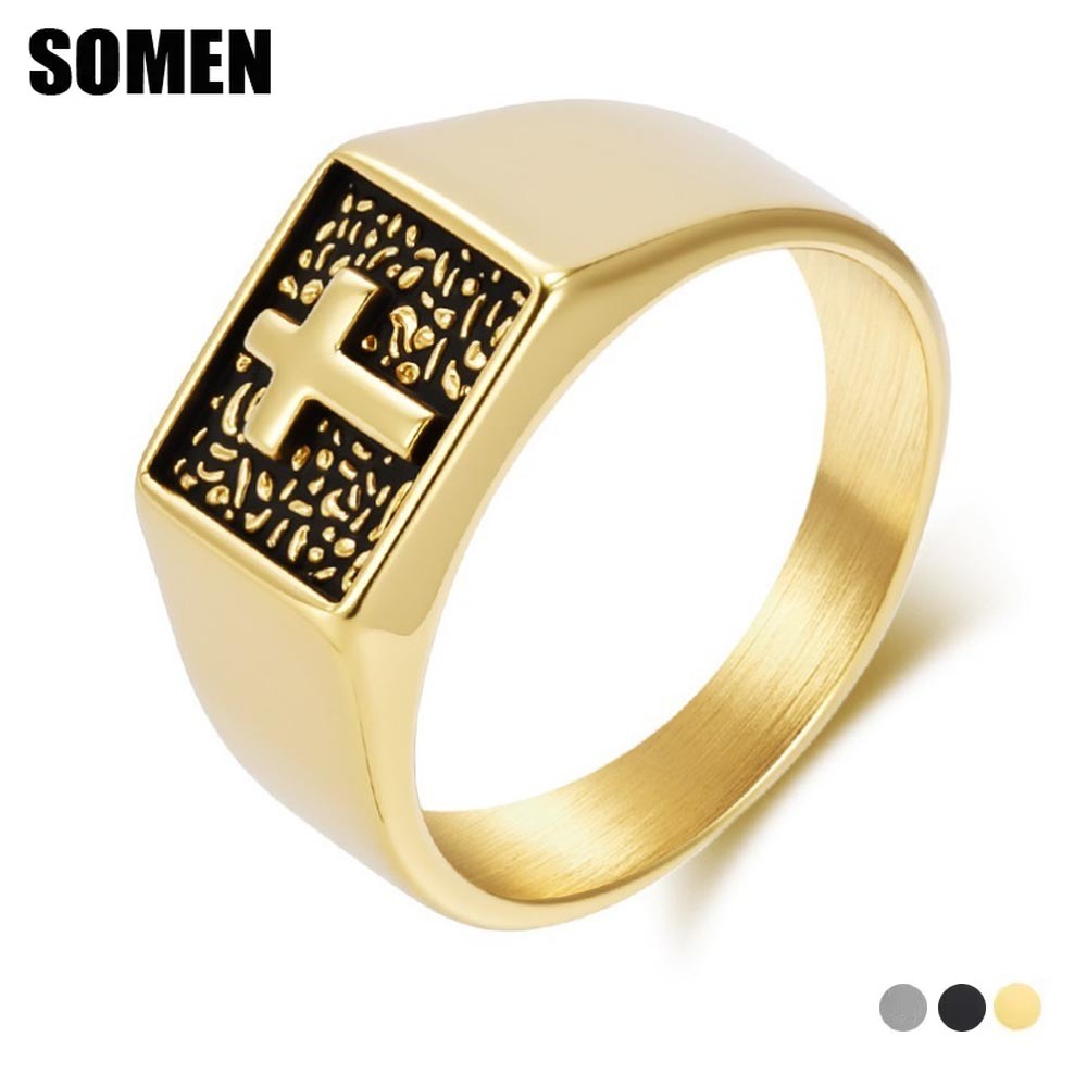 Mens Signet Ring - Somen خمر الفولاذ المقاوم للصدأ الصليب